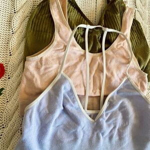 Set of 3 Ribbed Bralette Tops in Olive, Blush, and Blue